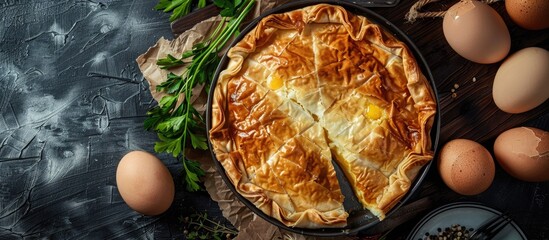 Aufkleber - Authentic Bulgarian banitsa featuring homemade cheese pie with phyllo pastry and organic eggs showcased in a captivating copy space image