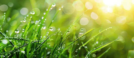 Poster - Fresh green grass creates a serene backdrop for water droplets on a dewy morning ideal for a copy space image