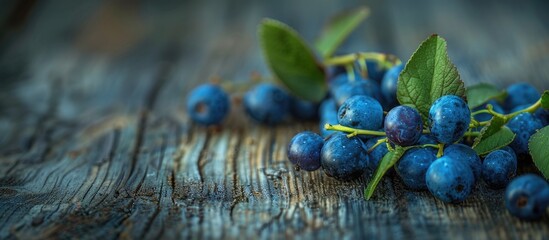 Aufkleber - Close up macro shot of bilberries Vaccinium corymbosum on a rustic wooden table with a blurred background providing ample copy space image