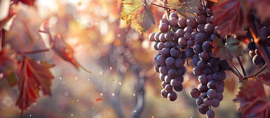 Poster - Autumn s harvest in a vineyard with a large bunch of ripe grapes on the vine creating a fruit concept with copy space image