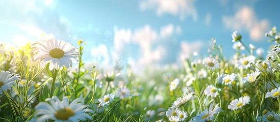 Aufkleber - Scenic summer meadow with various wild daisies under a blue sky creating a magical nature background in a frame with soft selective focus ideal for a copy space image
