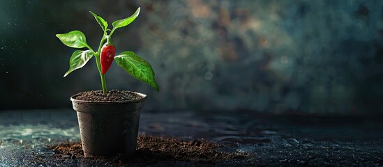Poster - Planting a chilli seedling in a pot with ample copy space image available for creative content