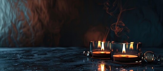 Poster - A dark backdrop enhances the abstract photo showcasing burning candles on decorative glass with ample copy space image