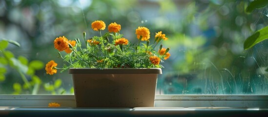 Poster - Marigold seedlings blooming in a box on the windowsill with a blank space for an image. . image with copy space