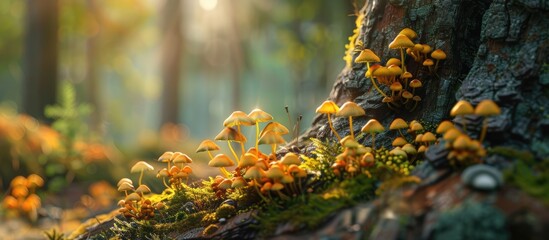 Poster - Tiny mushrooms flourishing on an aged tree trunk creating a picturesque scene in a forest setting with copy space image