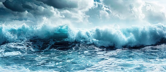Poster - Panoramic format of stormy blue sea with breaking wave copy space image