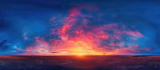 Canvas Print - A perfect choice for replacing skies in photos A vibrant panoramic sky featuring a blend of pink orange and blue hues with clouds lit up by a stunning red sunset providing an aerial view extending to