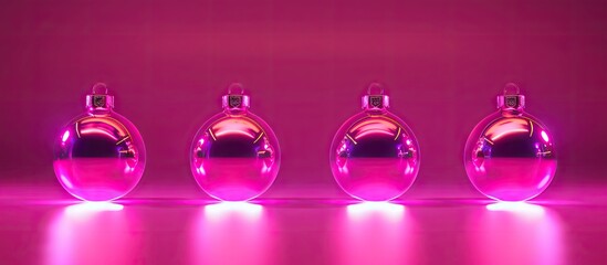 Poster - A vibrant pink backdrop showcasing five Christmas ornaments illuminated by neon light with copy space image