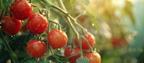 Poster - Tomato crop on a lush ripe branch with a vibrant red color perfect for copy space image