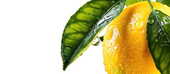 Aufkleber - Close up studio photo of a lemon with leaves isolated on a white background with a clipping path for a copy space image