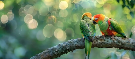 Poster - Scaly headed parrot birds create a lovely pair perched on a tree with a beautiful natural background ideal for a copy space image
