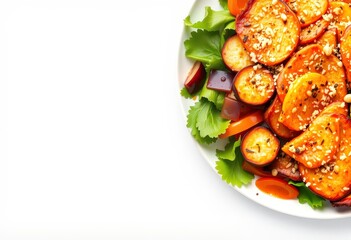 A plate of roasted sweet potatoes with sesame seeds, herbs, and spices on a white background.