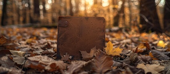 Aufkleber - Autumn scene with aged leather patch in forest with copy space image