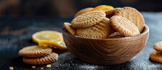 Poster - Close up of delicious homemade lemon gingerbread cookies in a wooden bowl on a dark culinary backdrop with copy space image