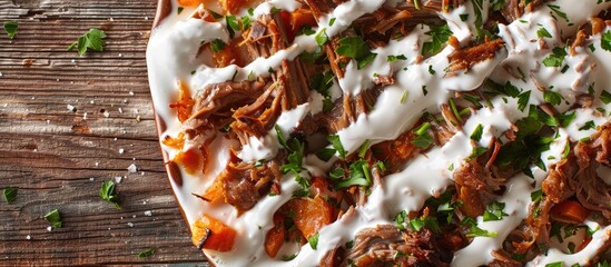 Poster - Close up of creamy sauce covering roasted shredded meat and vegetables copy space image