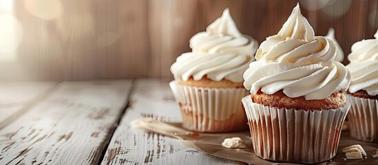 Poster - Cupcakes made at home displayed on a wooden table with a backdrop of clear space for other elements like text or graphics in the image. . image with copy space