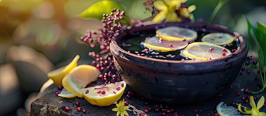 Poster - Preparing syrup using elderberry petals and lemon slices in a pot displayed with a beautiful background for a copy space image
