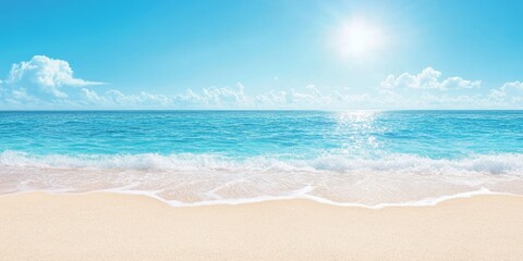 Beautiful beach scene with soft sand, blue ocean waves, and a sparkling sunlit sky, providing a perfect setting for a relaxing summer holiday