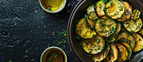 Poster - Enjoy a tasty Turkish dish of kabak cintmesi which features roasted zucchini drizzled with olive oil perfect for a culinary delight with a copy space image