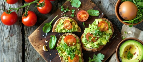 Poster - A delightful morning meal featuring a salad with fresh avocado tomatoes and spring onions alongside sandwiches topped with zesty Mexican guacamole sauce made from ripe avocados garlic cilantro and le