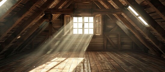 Aufkleber - Vintage attic with sunlight filtering through wooden shutters on a wooden roof structure ideal for a copy space image