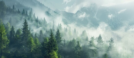 Poster - Scenic view of mist covered pine forest on mountain slope in a nature reserve with copy space image