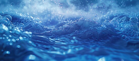 Poster - Bubbles and waves create a serene underwater scene with a blue hue featuring a deep sea with copy space image