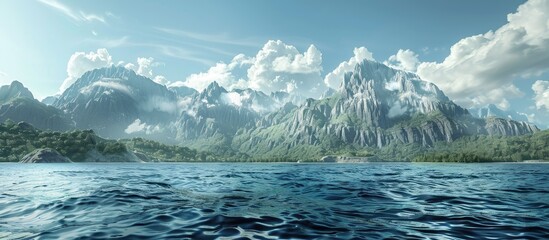 Poster - Scenic coastal mountain view from the sea with copy space image