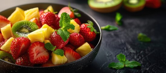 Poster - Delicious fruit salad comprising strawberry pineapple kiwi ananas and mint in a bowl with copy space image