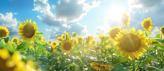 Poster - sunny summer field filled with blooming sunflowers offers a lovely scene with copy space image
