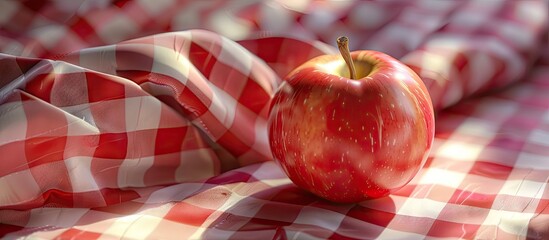 Poster - Apple displayed on a clothed surface with red and white checkered pattern available for placement of text or objects in an image. . image with copy space