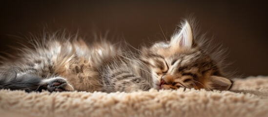 Poster - Adorable newborn kitten with fluffy fur peacefully asleep near copy space image