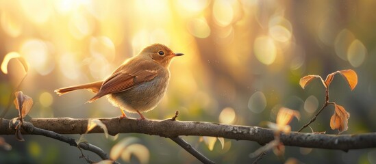 Poster - A brown bird perches on a branch with a scenic morning background in a visually appealing composition with empty space for text or graphics known as a copy space image
