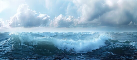 Poster - Panoramic format of stormy blue sea with breaking wave copy space image