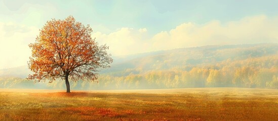 Aufkleber - Autumn scenery featuring a solitary tree with naked branches set against a beautiful fall landscape ideal for use as a copy space image