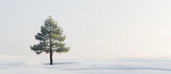 Poster - A lone pine tree standing in a snowy landscape amidst a backdrop of white providing an ideal copy space image in the wintery scenery