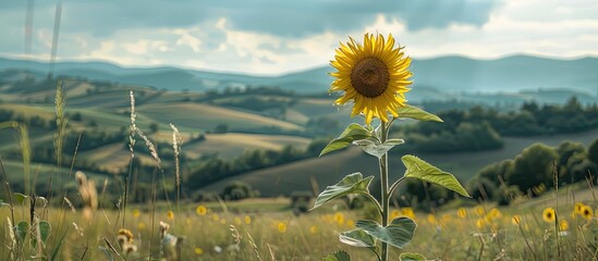 Aufkleber - A sunflower in bloom against the backdrop of the Piedmont countryside with ample copy space image
