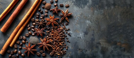 Aufkleber - Various spices like star anise cinnamon sticks and coffee beans arranged artfully on a sleek dark concrete backdrop creating a picturesque copy space image