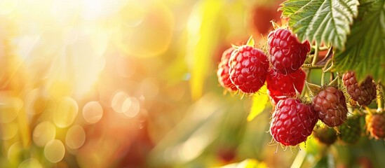 Poster - Ripe red raspberries growing on the bush in an autumn garden showcasing healthy and fresh natural food with a beautiful copy space image