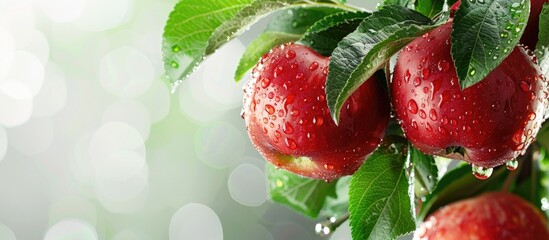 Poster - Ripe red apples with water droplets hanging from a branch with green leaves in a close up copy space image