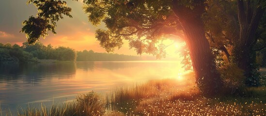 Poster - A warm summer day with a bright golden sunset peeking through trees by a lake creating a serene copy space image