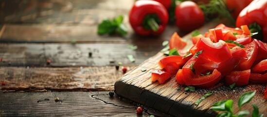 Poster - Chopped red bell pepper on a wooden cutting board with copy space image