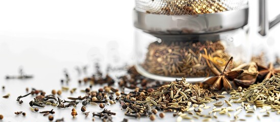 Aufkleber - A tea infuser showcasing a mix of fennel anise and caraway seeds against a blank background in a copy space image