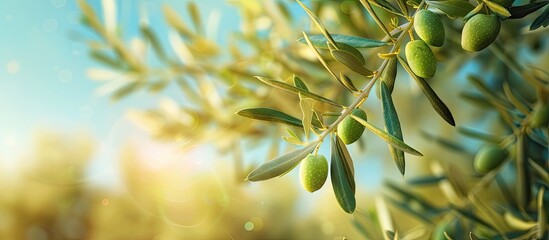 Poster - Close up view of a branch of olive tree with young green olives in a row set against a blurred backdrop of foliage and blue sky creating a copy space image of fresh Greek harvest