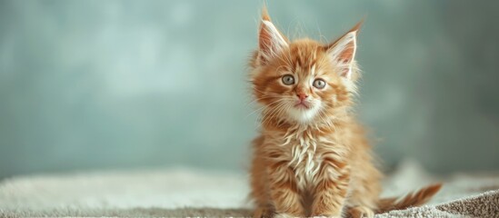 Poster - A cute Maine Coon kitten with fluffy red fur posing in a copy space image