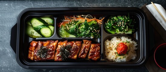 Poster - A bento box with spare ribs and green veggies is available for purchase on the train depicted in the copy space image