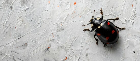 Poster - Black ladybug with red spots crawling on a white textured background providing copy space