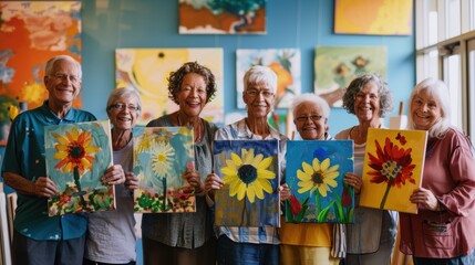 Elderly artists posing with their flower paintings in their art studio and smiling