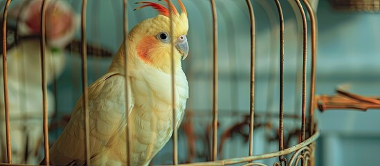 Poster - A juvenile Cockatiel pet gazes from its cage in a home setting with space for added imagery. . image with copy space