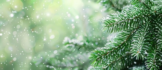 Poster - Green fir branches with snowflakes a snowy backdrop conveys a festive winter holiday theme with a Christmas tree Focus on the scene with copy space image